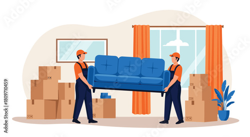 Two professional movers in uniform carefully carrying a blue sofa surrounded by cardboard boxes during a home relocation.