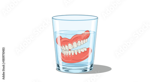 A realistic vector illustration of a full set of dentures soaking in a clear glass of water on a white background.
