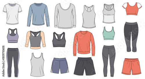 A complete collection of women's and men's sportswear and gym clothes including tops leggings and shorts on white.