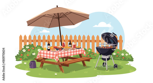 A lovely summer backyard barbecue scene with a grill a picnic table full of food and a large umbrella on green grass.
