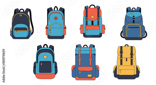 A collection of seven colorful and functional travel and hiking backpacks in various modern designs for outdoor adventures.