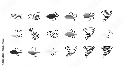 A set of black line icons representing wind flow and tornadoes in various styles for weather and climate concepts.