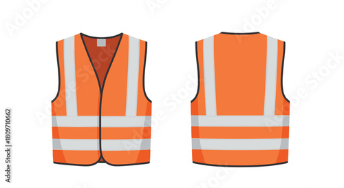 An orange high-visibility safety vest with reflective stripes shown from the front and back views on a white background.