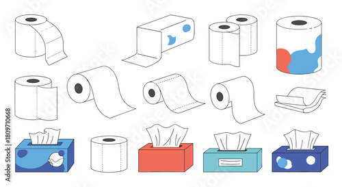 A collection of toilet paper rolls and tissue boxes in various styles including simple outlines and colorful designs.