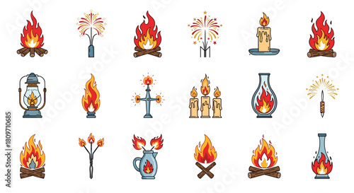 A collection of colorful icons related to fire and light including campfires candles fireworks and lanterns on white.