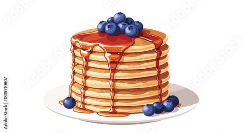 A delicious stack of fluffy golden-brown pancakes topped with fresh ripe blueberries and dripping with sweet maple syrup served on a white plate.