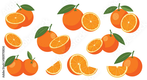 A vibrant collection of fresh juicy orange fruits with green leaves shown whole sliced in half and as wedges isolated on a white background.