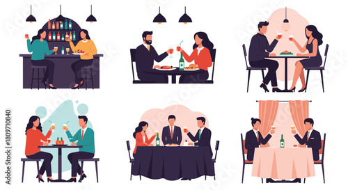 A collection of diverse scenes showing people dining in restaurants couples on romantic dates and friends socializing at a bar over food and drinks.