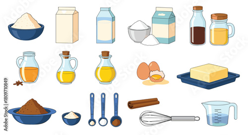 A comprehensive collection of common baking ingredients and kitchen utensils including flour sugar eggs butter milk oil and measuring tools for cooking.