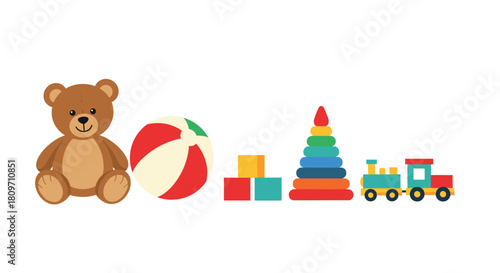 A colorful and playful collection of classic children's toys including a teddy bear a beach ball building blocks a stacking ring tower and a toy train.