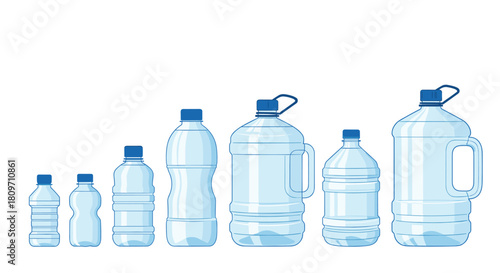A set of clear plastic water bottles in various shapes and sizes from small personal containers to large multi-liter jugs with blue caps.