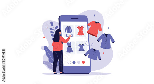 A modern flat illustration of a woman using a large smartphone to browse and shop for clothes online with garments floating out of the screen.