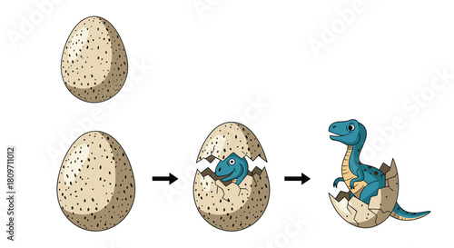 A cartoon illustration showing the life cycle sequence of a cute blue dinosaur hatching from a spotted egg from whole to cracking to emerging.
