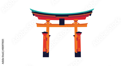 A vibrant and iconic Japanese Torii gate a traditional entrance to a Shinto shrine rendered in a bold flat color style on a white background.