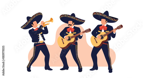 A vibrant illustration of a traditional Mexican mariachi band with three musicians in charro suits and sombreros playing guitar and trumpet.
