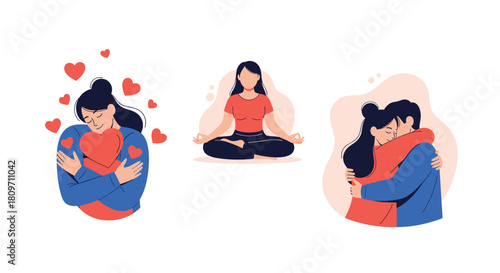 A set of illustrations promoting mental wellness and love showing a woman practicing self-love a person meditating and a couple in a warm embrace.