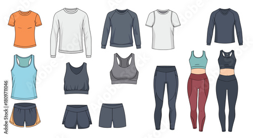 A comprehensive collection of men's and women's athletic apparel and sportswear templates for fitness training and running on a white background.