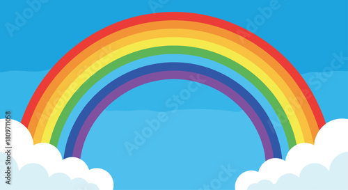 A bright and cheerful cartoon illustration of a vibrant seven-color rainbow arching across a clear blue sky with fluffy white clouds at its base.