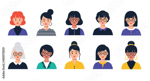 A diverse set of ten female portrait avatars with different hairstyles glasses and clothing styles representing various modern women and professionals.