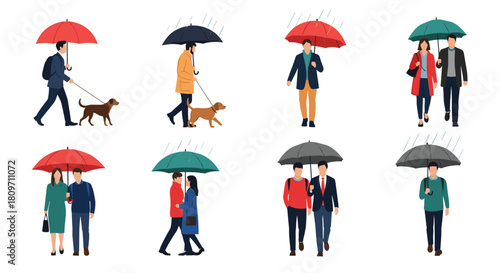 A collection of people and couples walking in the rain holding open umbrellas including individuals walking their dogs on a rainy autumn day.