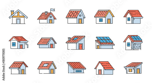 An icon set showcasing fifteen different designs for residential house roofs featuring various materials styles chimneys skylights and solar panels.