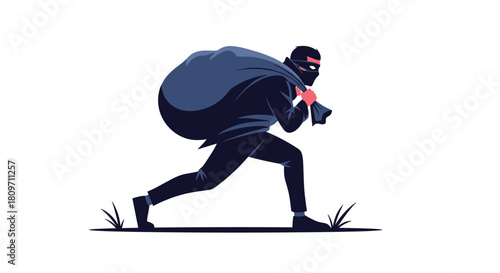 A cartoon illustration of a sneaky thief dressed in black with a mask running away at night while carrying a large sack full of stolen goods.
