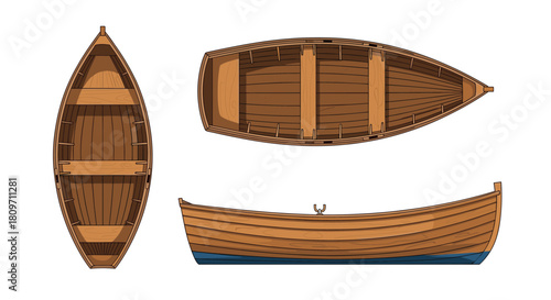 A detailed illustration of a classic wooden rowboat shown from three different angles a side profile a top view and an interior top-down view.
