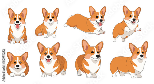A cute collection of eight adorable cartoon Pembroke Welsh Corgi dogs in various playful poses including sitting lying down jumping and running.