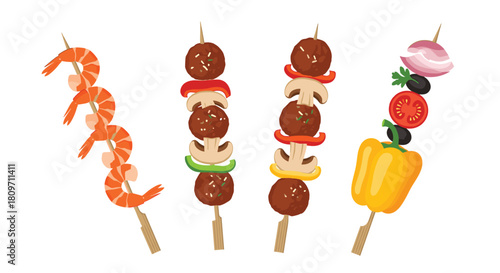 A delicious assortment of four different food skewers including grilled shrimp meatball and vegetable kebabs perfect for a barbecue or party.