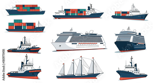 A collection of nine different sea vessels including large cargo ships a luxury cruise liner a historic sailing ship and powerful tugboats.