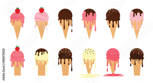 A delicious set of twelve ice cream cones in various flavors with chocolate sauce and sprinkles on a white background.