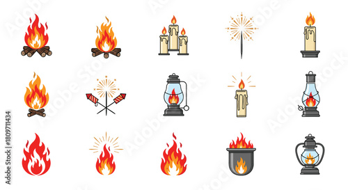 A collection of fifteen icons representing various sources of fire and light including campfires candles lanterns fireworks and flame symbols.