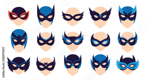 A collection of fifteen different blue and black superhero masks for carnivals or costume parties isolated on a white background.