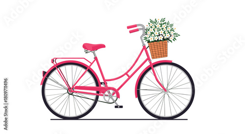 A stylish pink women's bicycle with a wicker basket full of beautiful white daisy flowers isolated on a white background.