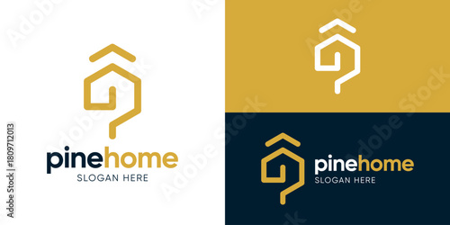 Creative simple pine home logo template. Abstract letter P with home and pine tree logo design vector illustration.