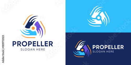 Creative modern propeller logo template. Fan wind turbine logo design vector illustration.