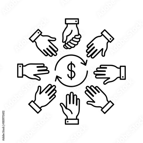 Concept of crowdfunding, investment, and financial circulation with hands around dollar sign isolated on