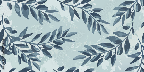 Elegant watercolor pattern of dark blue olive branches and leaves on a light textured background