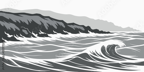 Dramatic monochrome illustration of a powerful ocean wave crashing against a rocky coastline