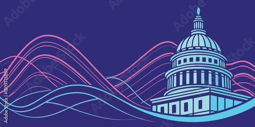 Stylized capitol building with abstract neon wave patterns in a vibrant purple sky