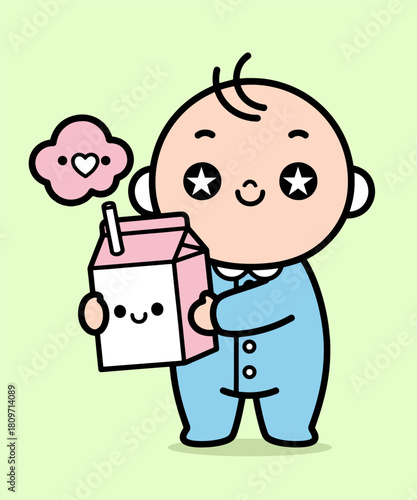 Cute Kawaii Baby Holding Milk Character Cartoon Vector Illustration