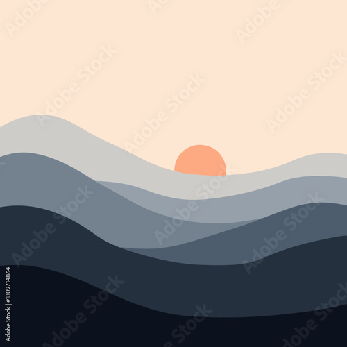 A minimalist illustration of rolling blue hills with a warm orange sun setting or rising over them, featuring a serene and calm natural scene.