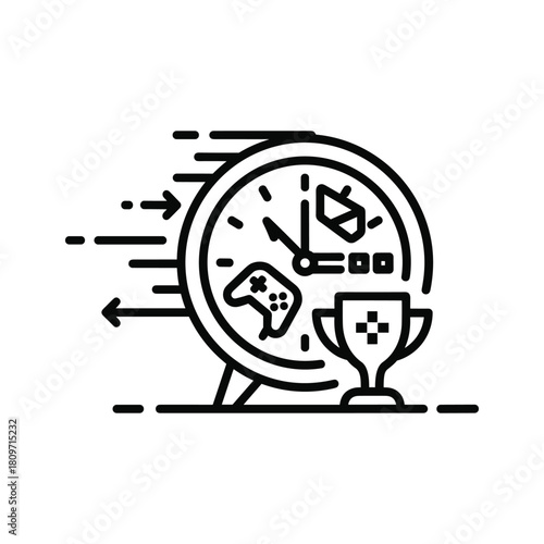 Clock icon with game controller and trophy representing esports time isolated on