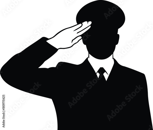 Silhouette of a uniformed man saluting against a white background in a vectorized image ready for commercial use and graphic design projects showing respect and obedience