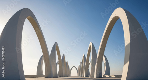 A row of white, arched architectural structures stretches into the distance under a clear blue sky, creating a sense of depth and perspective.