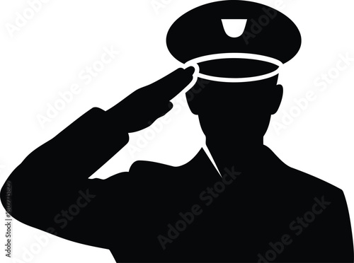 Silhouette of a uniformed officer saluting with respect and patriotism in a black and white graphic representation symbolic of service and sacrifice and dedication to duty