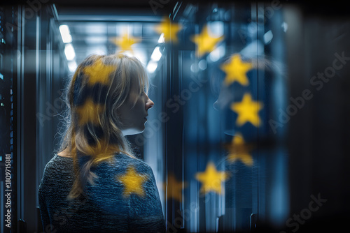 Soberanía digital europea en centro de datos con bandera de la Unión Europea