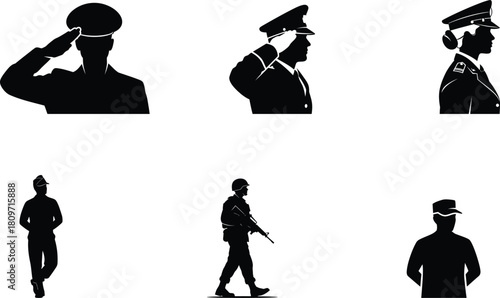 Silhouettes of Military Personnel in Various Roles on a White Background Representing Dedication and Service to the Nation in Diverse Fields