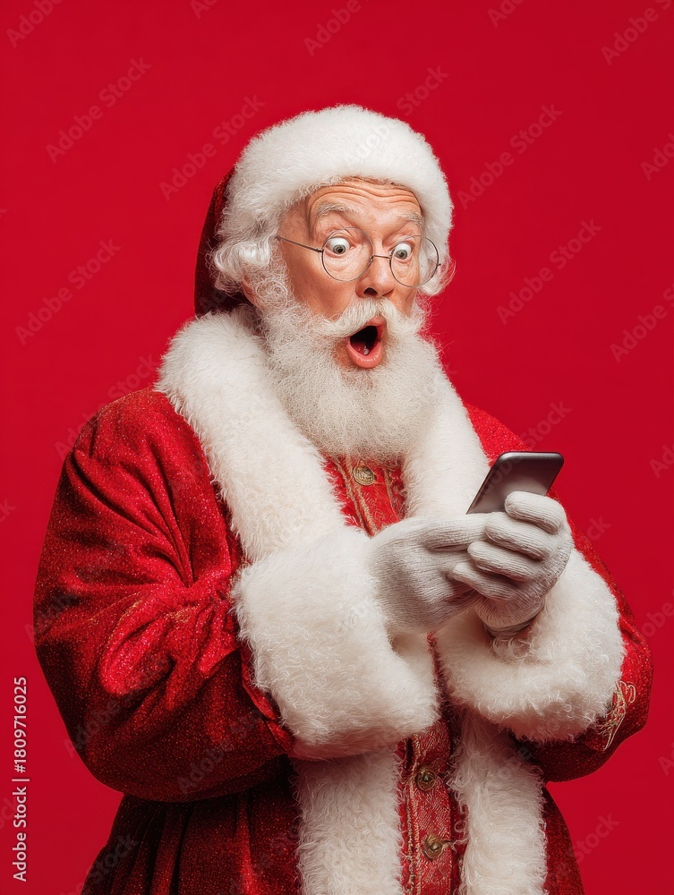Naklejka premium surprised funny amazed old bearded santa claus wearing costume holding cell phone using mobile app on smartphone shocked by christmas promotion xmas applications ads isolated on red background no log