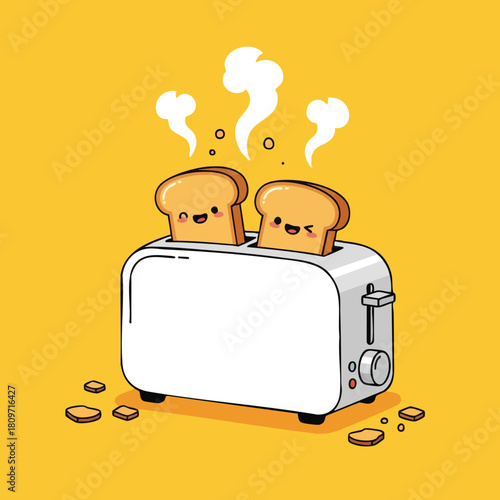 Two cheerful slices of toast popping out of a white toaster on a vibrant yellow background with scattered crumbs illustrating a delightful breakfast